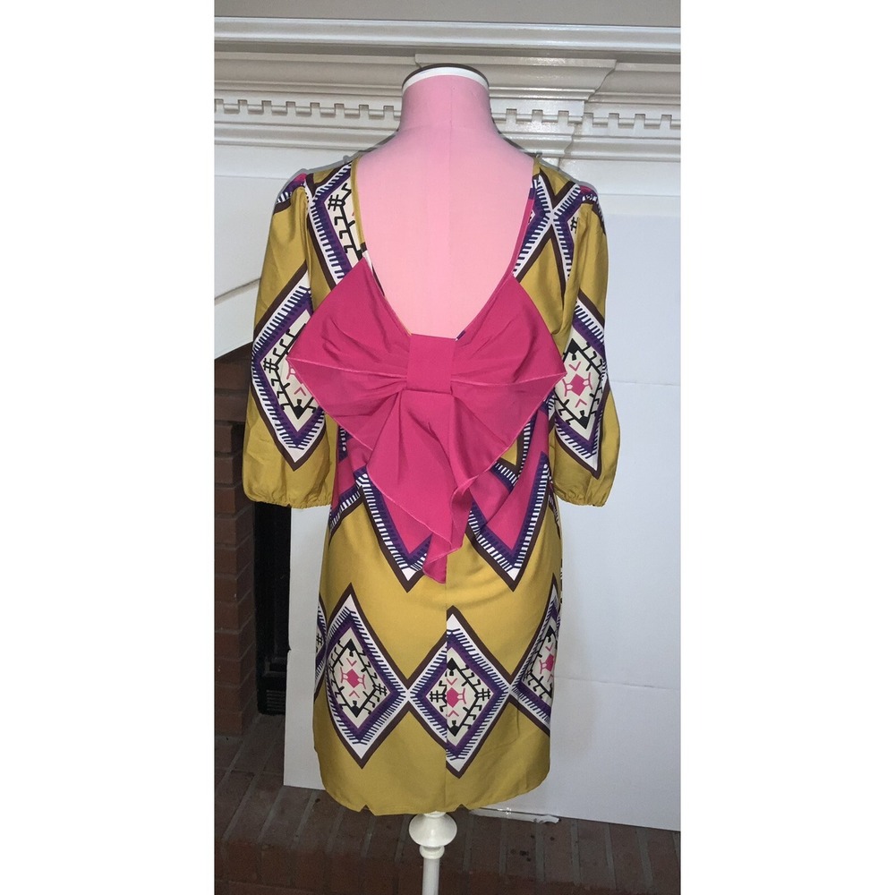Truth nyc dress mustard and pink geometric with hot pink bow in back
